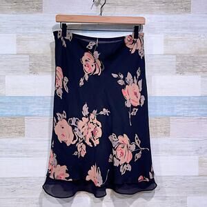 Amorose 100% Silk Chiffon Floral Layered Hem Skirt Black Pull On Womens 30"
